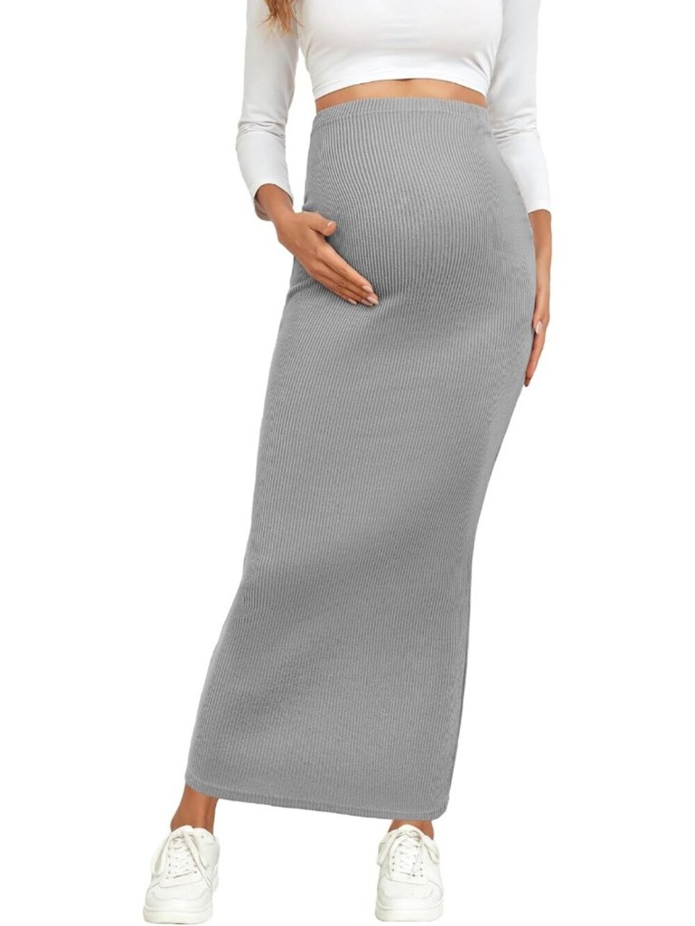 Adjustable Waist Rib Knit Maxi Skirt - Over The Belly Stretchy Maternity Pencil
